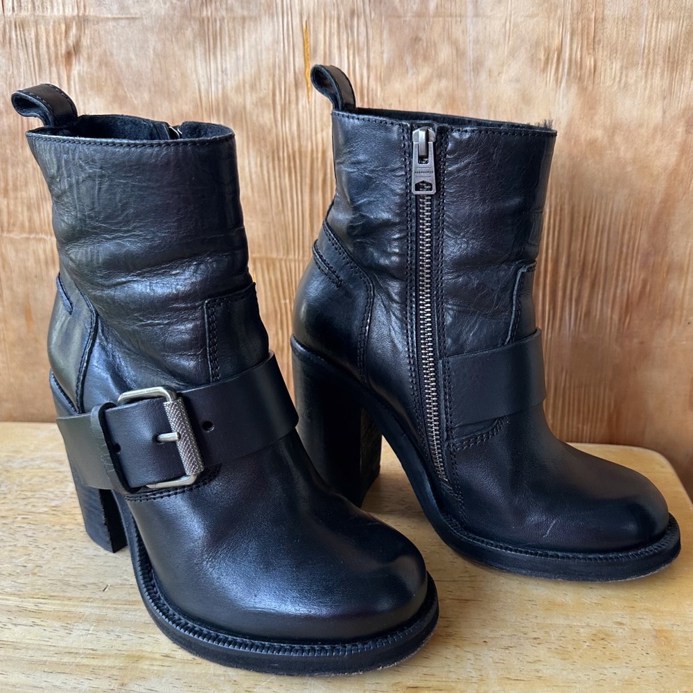 All Saints Black Leather Ankle Booties with Buckle